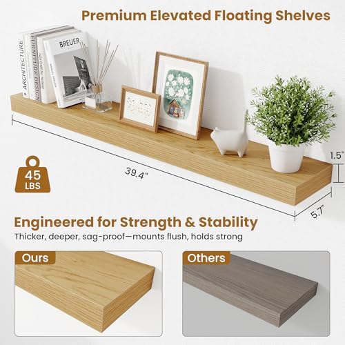 Fun Memories 40 Inch Floating Shelves, Long Wood Wall Shelf Set of 2 with Invisible Brackets, for Bathroom, Living Room,