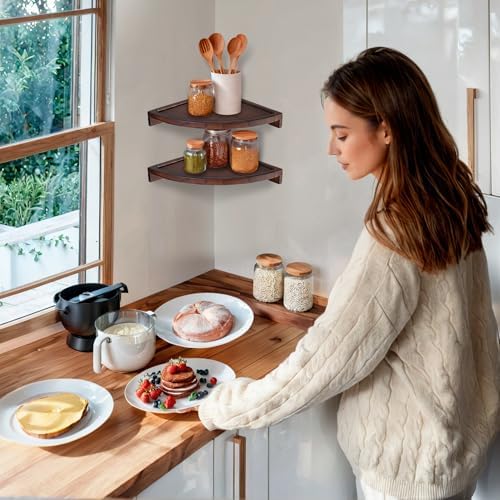 Demigo Round Floating Corner Shelves, Dark Brown Wall Shelf, Set of 2