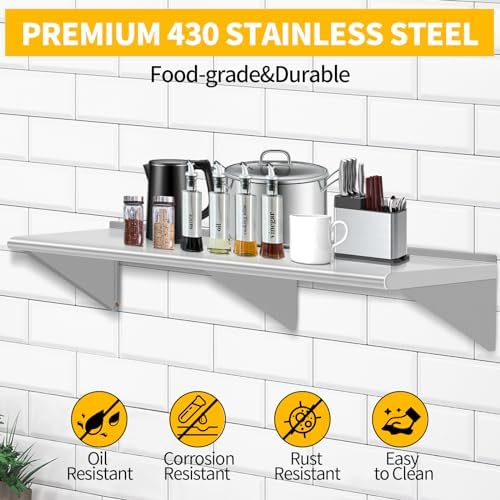 14" D x 60" W Stainless Steel Wall Mounted Shelves, Floating Shelving with Brackets, Commercial Shelf Perfect for Restau