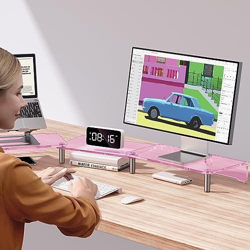 Pink Acrylic Dual Monitor Stand Riser，Adjustable Length Angle for 2Monitors