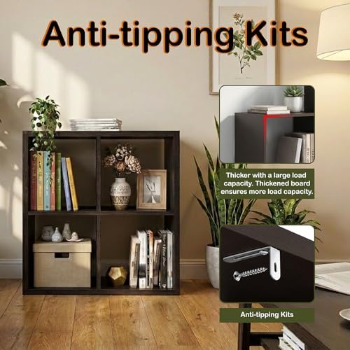 WannabeMyself【2026 Wooden Thick Frame】 4 Cube Storage Organizer with Anti-Tipping Kits, Reversible Open Back Book Shelf,