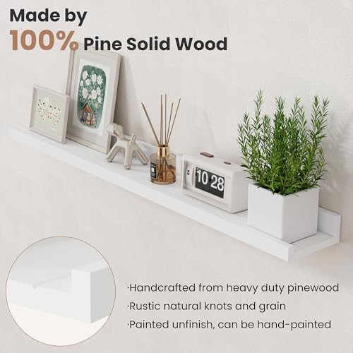 Acovy Long Floating Shelves for Wall, 48 inch Solid Wood Picture Ledge Shelf, Picture Shelf for Wall with Ledge, Floating Book Shelves for Living Room Bedroom Kitchen Nursery Decor, White, Set of 2