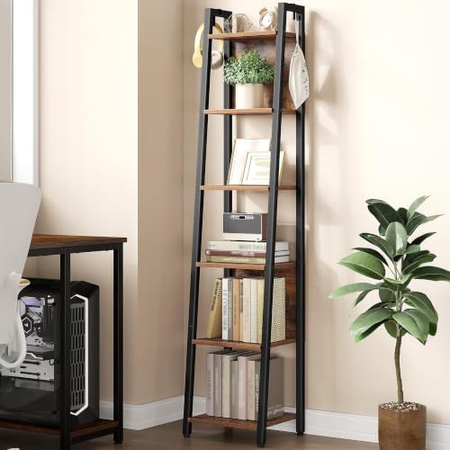 Hzuaneri Ladder Shelf, 6 Tier Narrow Bookshelf with 2 Back Panels