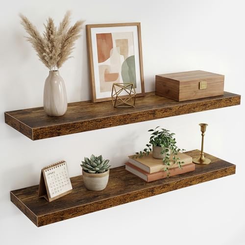 36 Inch Black Floating Shelves for Wall,9.3" Deep Long Floating Shelf Set of 2,Wood Wall Mounted Shelves Farmhouse Home 
