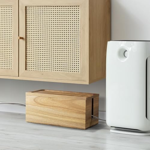 Acacia Wood Cable Management Box - Cable Organizer Box - 2 Open Slots Cords Hider Box - Under Desk Cord Organizer for Po