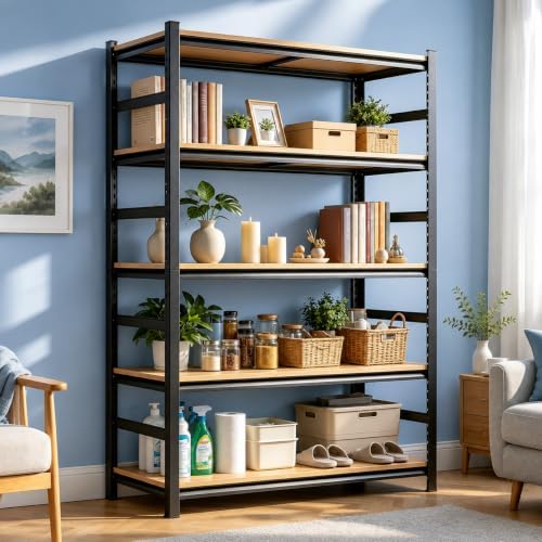 Metal Bookshelf 5 Tier Wood Shelves Steel Bookcase With Guard Rails
