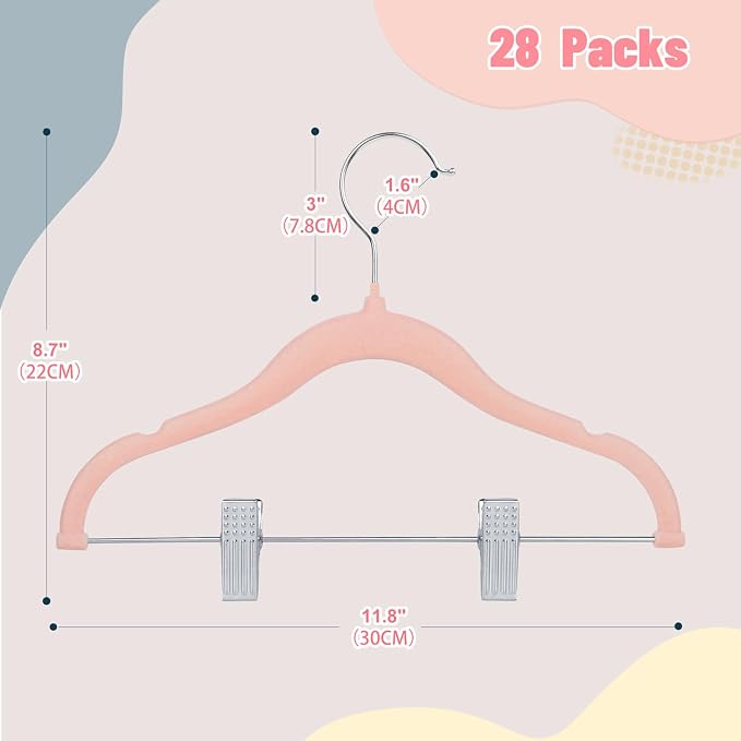ManGotree 11.8'' Baby Velvet Hangers with Movable Clips, Non-Slip Kids Felt Hangers, Ultra-Thin Space-Saving Children's Clothes Hangers for Skirts, Pants, Dresses, Shirts, Jackets (28 Pack, Pink)