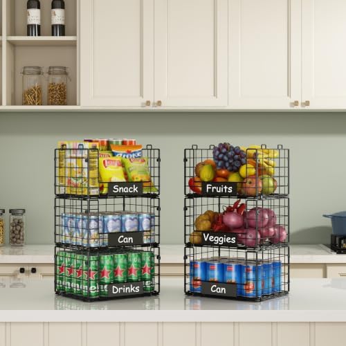 3 Pack XL Stackable Wire Baskets with Handle, Pantry Organizers and Storage