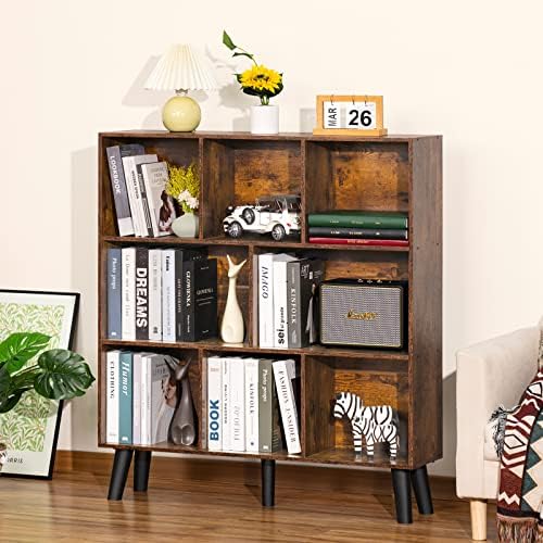 LEYAOYAO 8 Cube Bookshelf, Mid-Century Modern Book Shelf with Legs, Brown