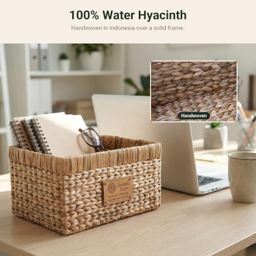 Handmade Water Hyacinth Wicker Storage Basket with Handles – Rectangle Organizer Bin for Shelves, Blanket, Bathroom, Clo