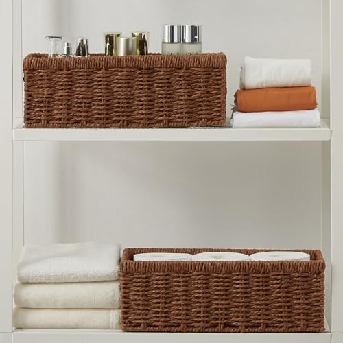 Vagusicc Wicker Storage Basket, Paper Rope Wicker Baskets with Handles, Toilet Paper Basket for Toilet Tank Top, Small Wicke Baskets for Organizing Shelves, 2-Pack, Brown