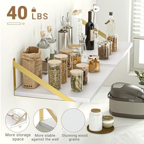 Heimlove 12 Inch Deep White Floating Shelves for Wall，Wood Floating Shelves 16" W x 12" D Set of 2，Wall Mounted Shelves for Living Room, Bedroom, Kitchen, Bathroom and Decor Storage,Gold Bracket