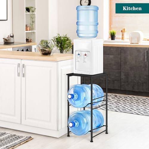 OYEAL Water Bottle Holder 5 Gallon Water Jug Holder with Storage Shelf, 2 Tier Black Water Bottle Rack Stand with 2 Slot