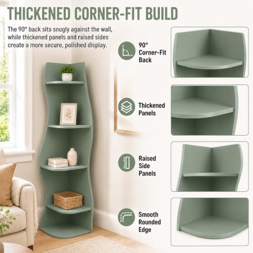 5-Tier Wavy Corner Shelf with Curvy Shape for Small Space,Sage Green
