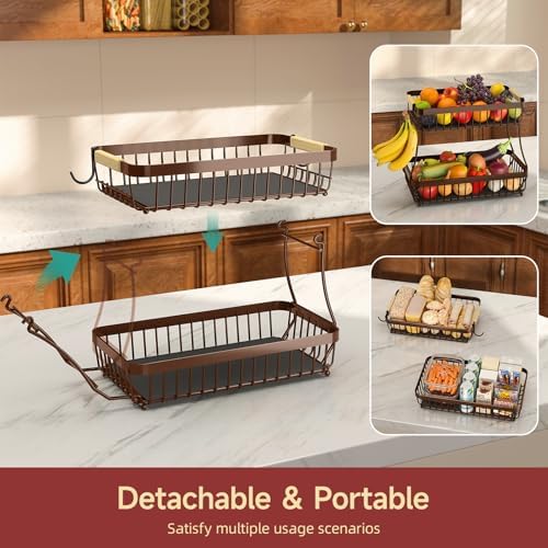 Sevenblue 2-Tier Fruit Basket with Banana Hangers, Detachable Metal Bowl