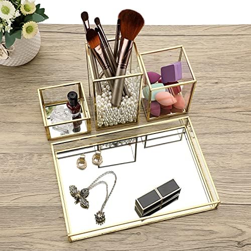 Hipiwe Set of 4 Gold Glass Makeup Brush Holder Organizer with Vanity Tray