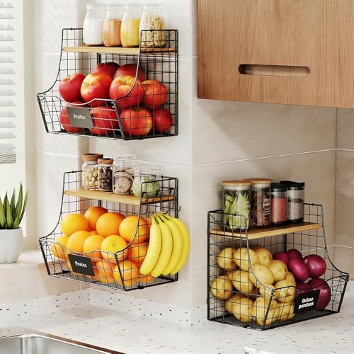 3 Pack wire Fruit Basket for Kitchen with Wood Lid - Counter&Wall Mounted Onion and Potato Storage with Nameplate, Hangi