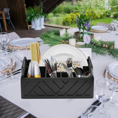 Ukonvi Paper Plate Dispenser and Holder for Kitchen Counter, Wood Rustic Silverware Utensil Caddy, Cutlery Flatware Orga