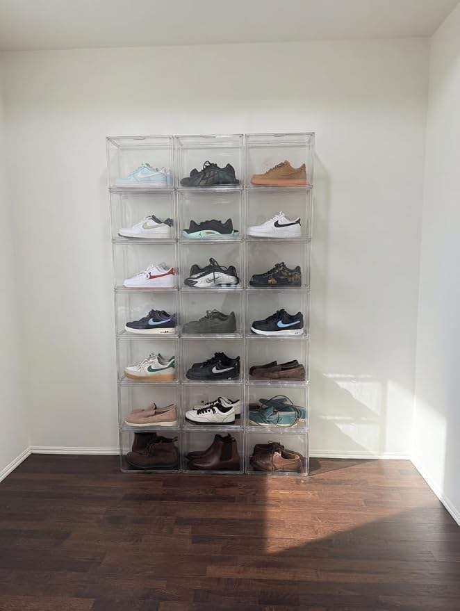 5 Pack Clear High-Top Sneaker Storage Boxes, Acrylic Shoe Organizer | Extra height 10.6'' for high-top sneakers & athletic footwear Size 11.Stackable display design keeps collections organized