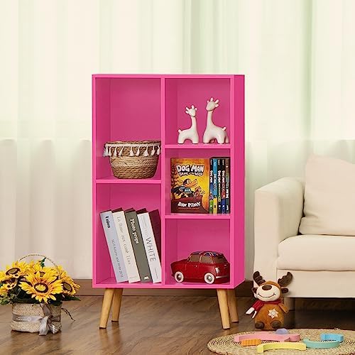 LEYAOYAO 5 Cube Bookshelf, Mid-Century Modern Book Shelf with Legs, Pink