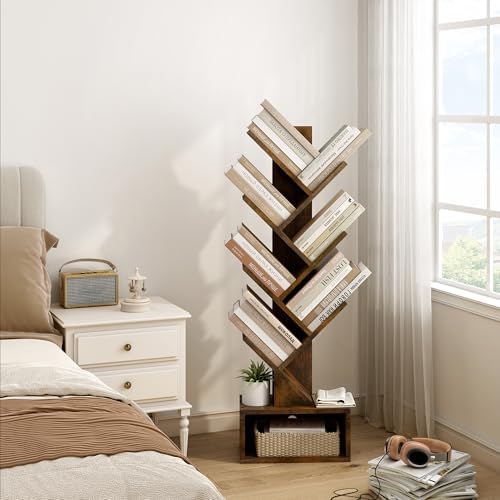 Hoctieon 6 Tier Tree Bookshelf, Tall Bookcase with Drawer, Freestanding Book Shelf, Display Floor Standing Storage Shelf
