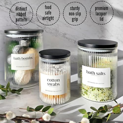 Mason & Fable 3x Ribbed Glass Bathroom Jars with Airtight Black Bamboo Lids | Cotton Pad/Buds/Q tip Holder | Bath Salt/S
