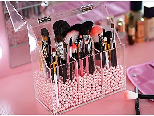 Newslly Clear Acrylic Makeup Organizer with 3 Brush Holder Compartment and Dustproof Lid, Cosmetic Brush Storage Box wit