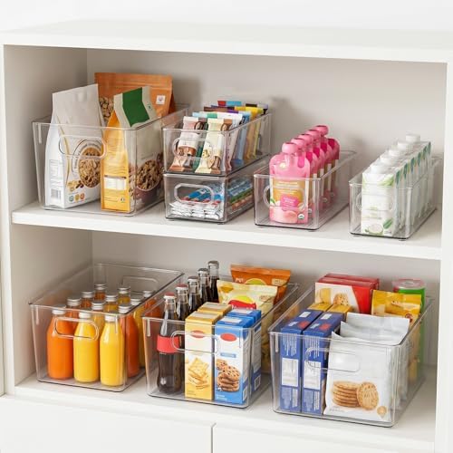 YKIOKE 8 Pack Clear Plastic Storage Bins with Handles, Stackable Organizer