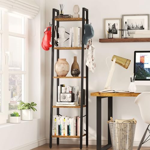YMYNY 5 Tiers Ladder Bookcase, Industrial Narrow Bookshelf, Open Display Rack with 4 S Hooks, Metal Storage Shelves for 