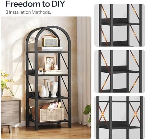 HOOBRO Bookshelf, 4-Tier Arched Bookshelf, Industrial Bookcase with Metal Frame, Small Book Shelf Storage Organizer for 