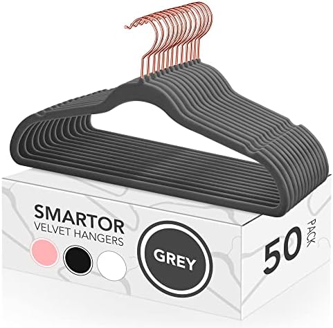 Smartor Grey Velvet Hangers 50 Pack, Non Slip Rose Gold Hook Felt Hangers