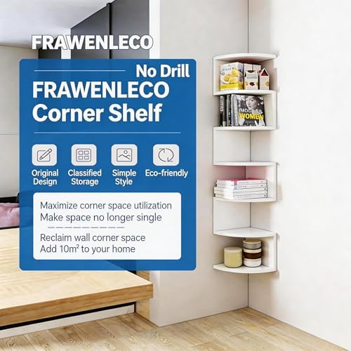 No-Drill Corner Shelf Wall Mount, 7-Tier Floating Corner Bookshelf with Hooks, Space-Saving Zigzag Plant Shelf for Bedro