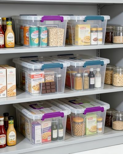 NUMIFUN Plastic Storage Bins with Lids 6 Pack, 7 Quart Storage Containers with Black Buckle Latch, Stackable Storage Con