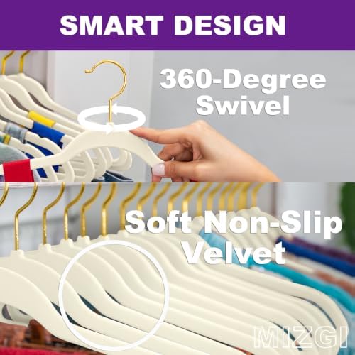 MIZGI Ivory Velvet Hangers 30 Pack,Premium Gold Clothes Hangers Non-Slip Felt Hanger,Sturdy Ivory Hangers Heavy Duty Coat,Durable Suit for Space Saving, No Flocked Marks