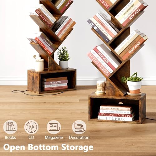 Hoctieon 6 Tier Tree Bookshelf, Tall Bookcase, Freestanding Book Shelf with LED Lights, Display Floor Standing Storage S
