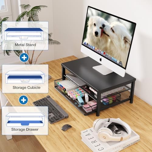 OPNICE Computer Monitor Stand Riser, Desk Organizer with Drawer, Printer & Laptop Stand, Office Desk Accessories & Works