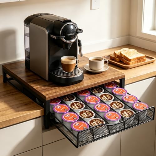 VyGrow Coffee Pod Holder For Counter, Wooden K Cup Holder with Single Layer Sliding Drawer, Large Capacity Coffee Pod St