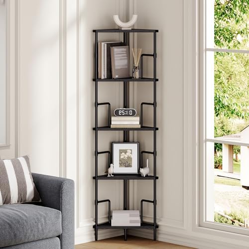 MAHANCRIS 5-Tier Corner Shelf, 52.8" Tall Corner Bookshelf with Metal Frame, Narrow Display Shelf Stand, Industrial Corn