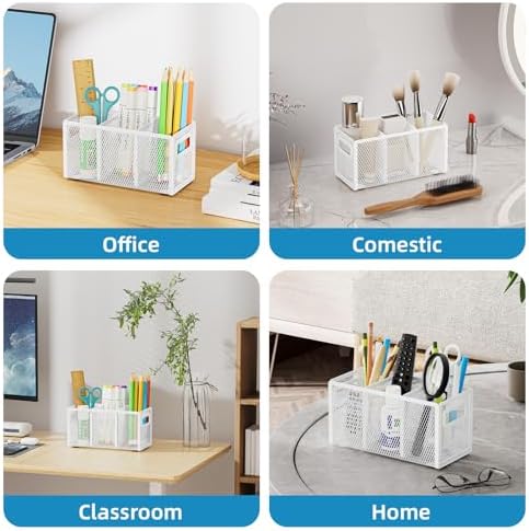 Marbrasse Mesh Pen Holder for Desk, Pencil Holder Desk Organizer 3 Adjustable Compartments, Pencil Cup with Handle Perfect for Classroom, Office, Home, Makeup, Art (White)
