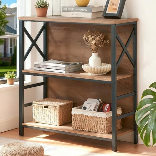 MNEETRUNG Small Bookshelf,3 Tier Industrial Bookcase with Metal Frame and Backboard,Low Rustic Brown Book Shelf,Book cas
