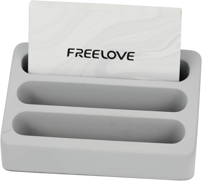 FREELOVE Desktop Card Holder, Concrete, Handmade, 3 Stair 3 Slots, Fits 30-50 Business Cards, Stone Weighted, Smooth Finish, Eva Base, Office Desk Organizer (Grey, Small)