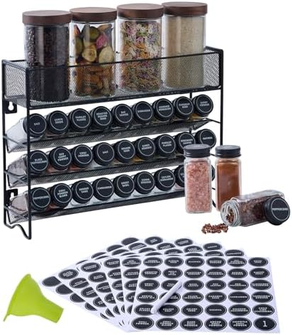 Spice Rack Organizer with 27 Spice Jars with Black Lids
