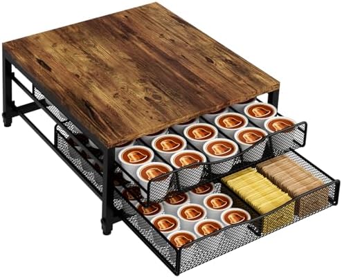 VyGrow Coffee Pod Holder For Counter, Wooden K Cup Holder with Double Layer Sliding Drawer, Large Capacity Coffee Pod St