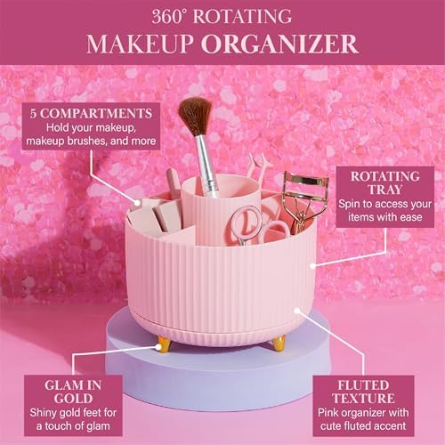 Paris Hilton 360° Rotating Makeup Brush Holder, Fluted Design with 5 Compartments, Glam Organizer for Brushes & Tools, P