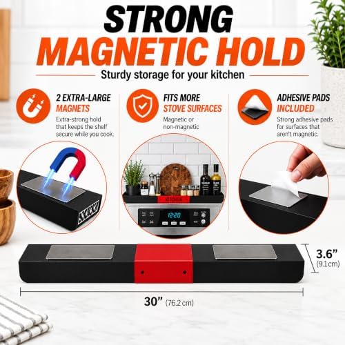 30" Magnetic Stove Top Shelf – Black Spice Rack with Red KITCHEN Design – Seasoning Organizer for Back of Stove – Over S