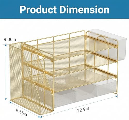 ECOLOVI Desk Organizer, 4-Tier Paper Organizer Letter Tray with File Holder, Drawer and 2 Pen Holders, Desktop File Organizer for Office Supplies, Workspace Storage, Gold