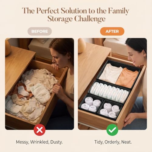 Drawer Organizer Storage for Clothes, Socks, 10 Pack, Black