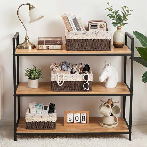 Wicker Storage Baskets, Handwoven Paper Rope Organizer Bins with Removable Floral Liner, Large for Bathroom, Pantry, She