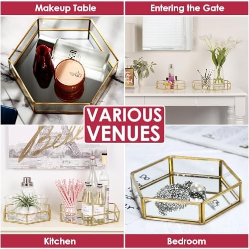 Hexagon Vintage Gold Mirror Glass Vanity Tray,Ornate Geometric and Brass Plated Display Storage Organizer for Makeup Bru