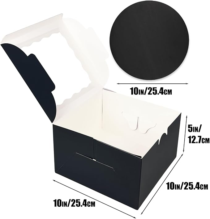 qiqee 10x10x5 Cake Box, 4 Sets Black Cake Box with Window ＆ 4 Sets 10" Black Cake Round Boards, 10inch Cake Containers